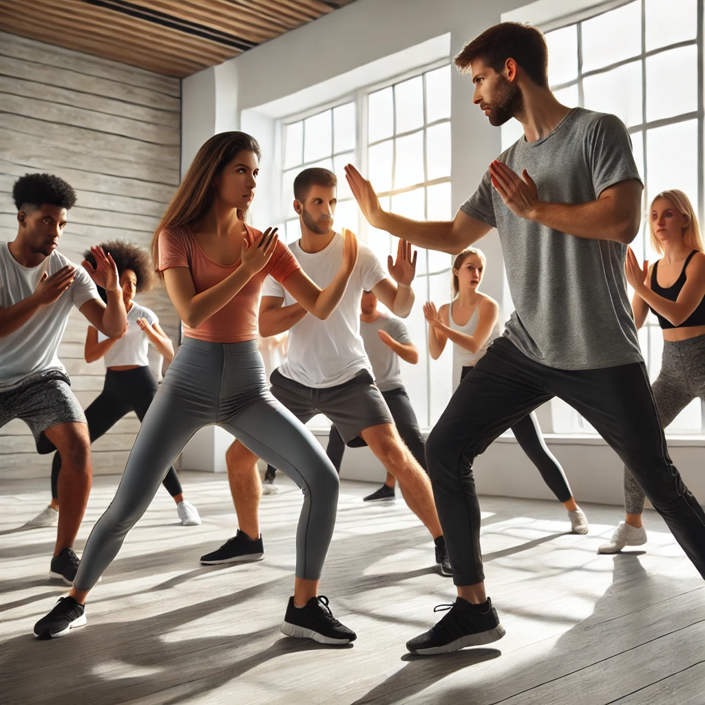 DALL·E 2024-09-22 22.14.23 - A group self-defense class in an open, modern training space. The instructor is guiding a group of diverse participants in action, practicing defense