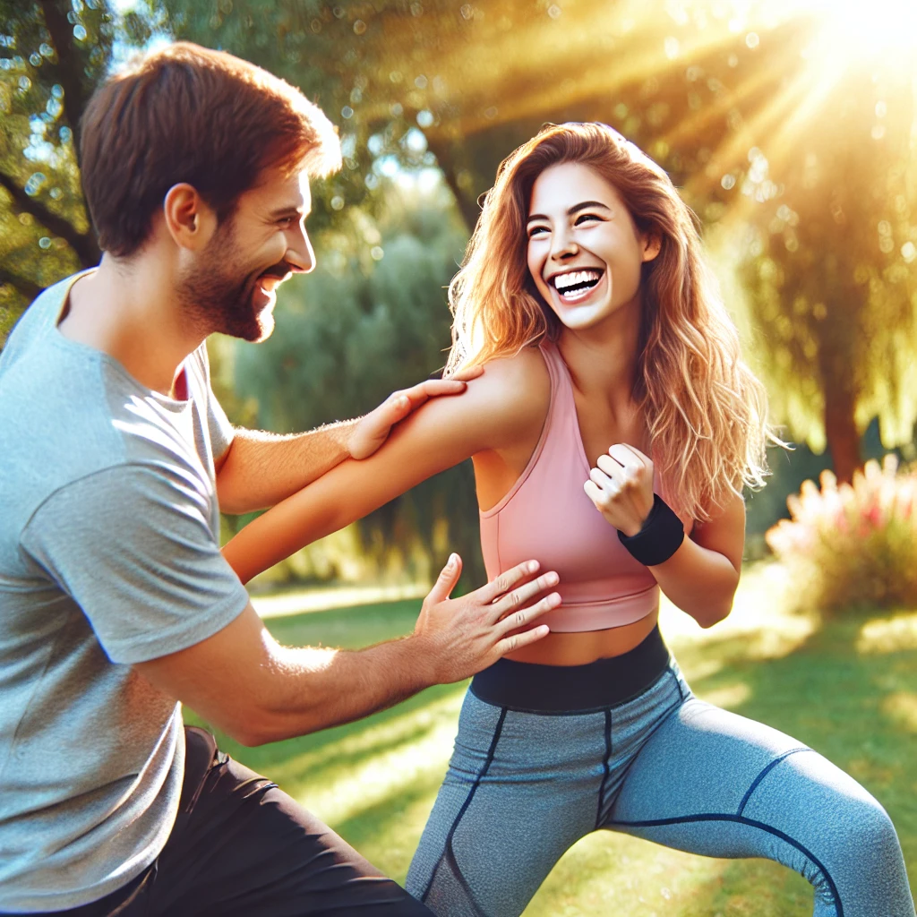 DALL·E 2024-09-22 22.15.39 - A smiling woman in athletic wear practicing self-defense techniques with a partner in a bright, cheerful outdoor setting. Both individuals are laughin